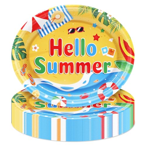 Hello Summer Oval Paper Plates - 50 Pack, 9" x 11" Disposable Beach Party Plates