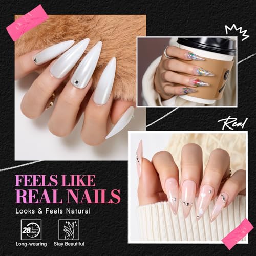 Makartt Long Medium Sharp Almond Nail Tips - Clear Full Cover Fake Nails, 15 Sizes, 240PCS