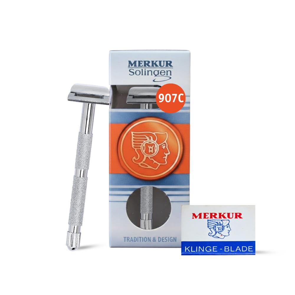 MERKUR 907C Precision Moustache & Eyebrow Razor – Bright Chrome Finish, Brass Handle & Die-Cast Zinc Head, Ultra-Narrow Design for Controlled Contour Shaping & Detail Grooming
