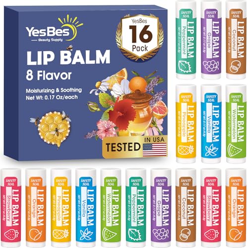 YesBes 16 Pack Natural Lip Balm with Vitamin E & Coconut Oil
