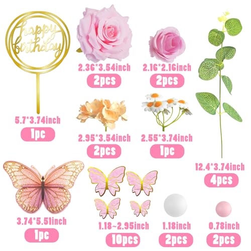 Pink Flower and Butterfly Cake Toppers for Birthday Decor