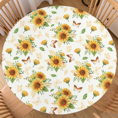 Sunflower Round Fitted Tablecloth - 40-44 Inch Elastic Edge Floral Cover