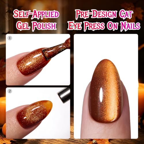 Beetles Cat Eye Press On Nails Short Almond Pumpkin Spice Halloween 3A Burnt Caramel S