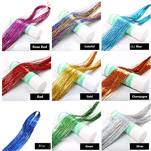 Newfacefure 16-Color Glitter Tinsel Hair Extensions Kit, 47 Inch Heat-Resistant Hair Strands & Beads, Perfect for Hair Styling & Parties