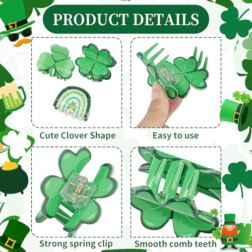 St. Patrick’s Day Hair Claw Clips - Green Shamrock & Rainbow Set for Women & Girls, Festive Accessories