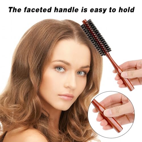 Boar Bristle Round Hair Brush for Short Hair - Wooden Handle