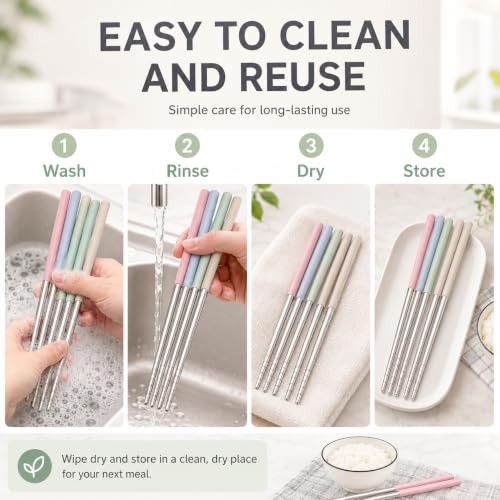 AQUP 304 Stainless Steel Chopsticks - 4 Pairs, Non-Slip, Multicolor