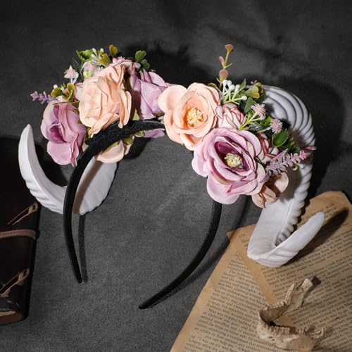 MOSTORY Flower Sheep Horns Headband for Renaissance Halloween Cosplay
