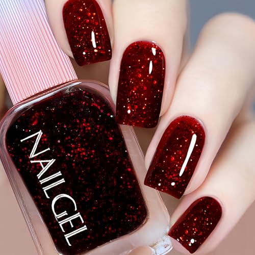 KAHSOSE Red Glitter Nail Polish 12ML Burgundy Sparkle Quick Dry No UV