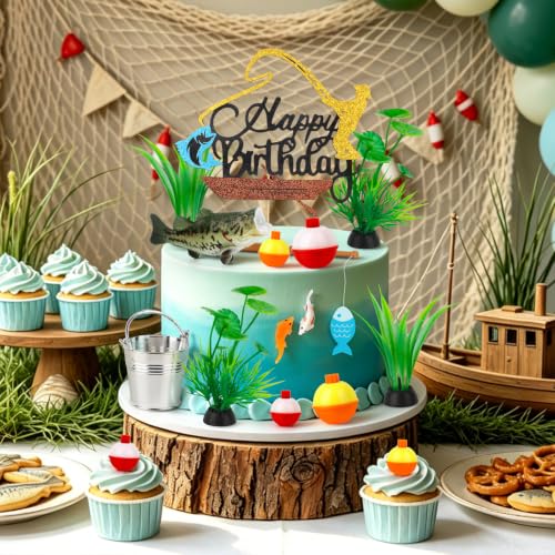 Fishing Cake Topper Set - 16PCS Gone Fishing Birthday Decorations