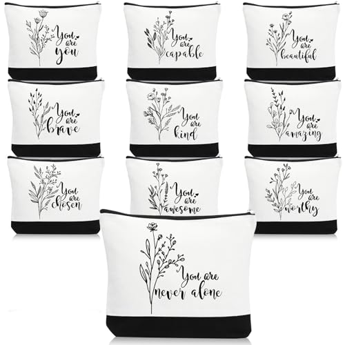 Coume 10 Pack Canvas Makeup Bags with Inspirational Quotes - Travel & Gift Set