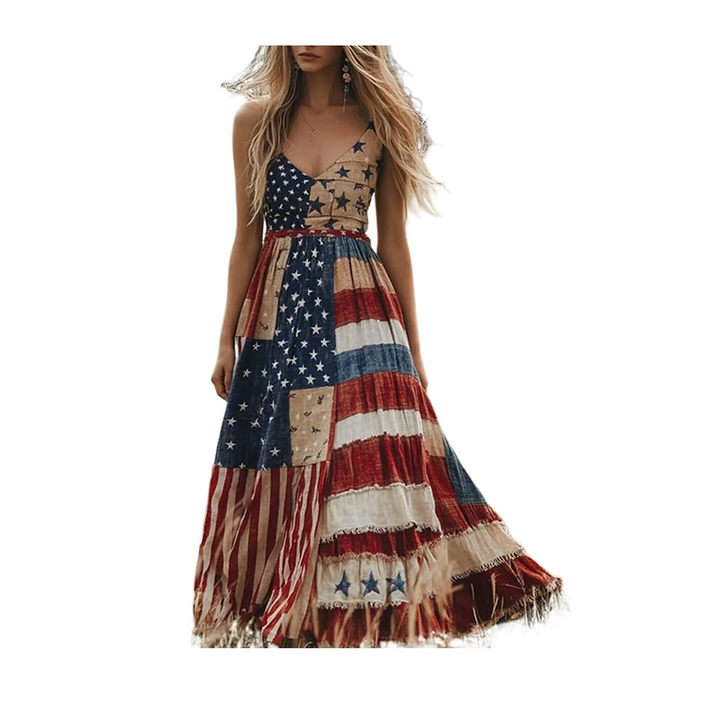 Women's Independence Day V-Neck Patch Art Line Dress Floral Printed Independence Day Dresses for Women Spring Summer