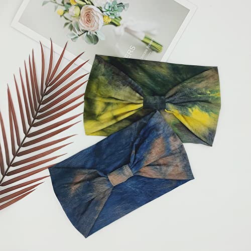 YONUF Wide Headbands for Women 4 Pack Blue Tie Dye Boho Knotted Hair Accessories