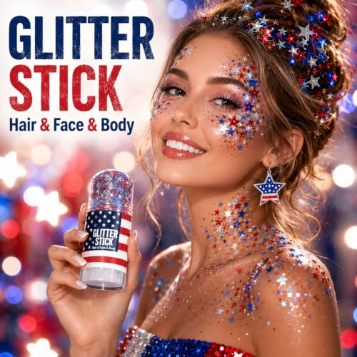 Red, White & Blue Glitter Stick for Face, Hair & Body - Patriotic Makeup
