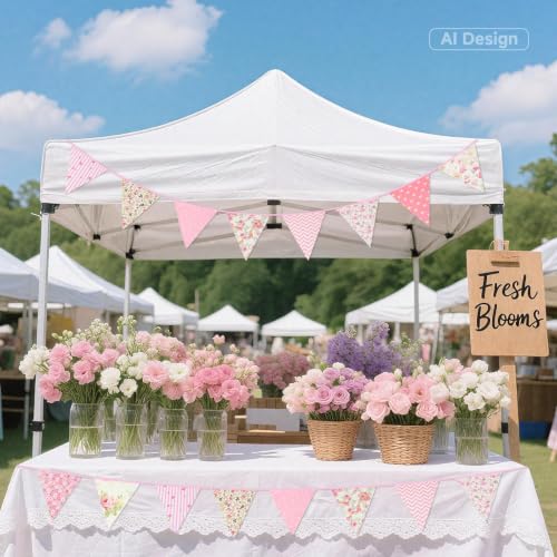 39ft Pink Floral Triangle Bunting Banner - Reusable Cotton Flags for Parties