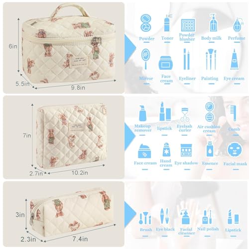 3 Pcs Floral Cotton Makeup Bag Set - Aesthetic Travel Organizer (Bear)