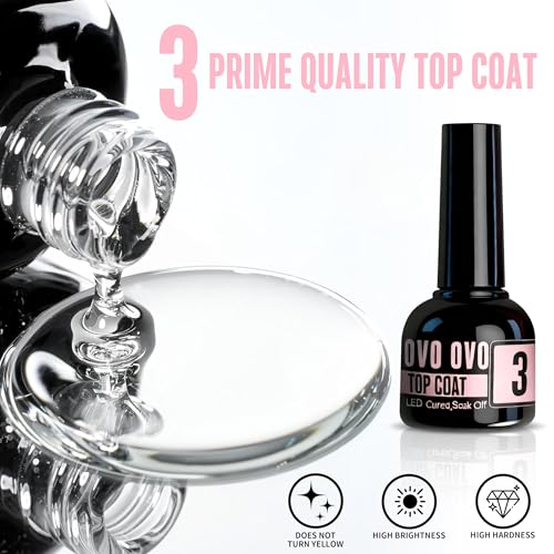 NOVO OVO French Tip Solution Kit – UV Nail Glue Builder Gel Top Coat Bundle (10 ml each) – Includes One Multi-Function Pink Bottle Gel