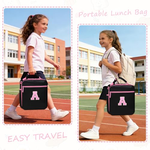 KAHEAUM Insulated Lunch Bag with Water Bottle Holder - Black & Pink