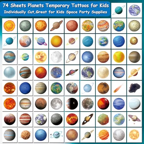 Charlent Kids Planets Temporary Tattoos - 74 Fun Designs for Parties