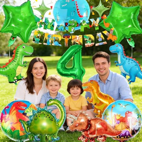 Dinosaur 4th Birthday Party Decorations - Green Foil Balloons & Banner