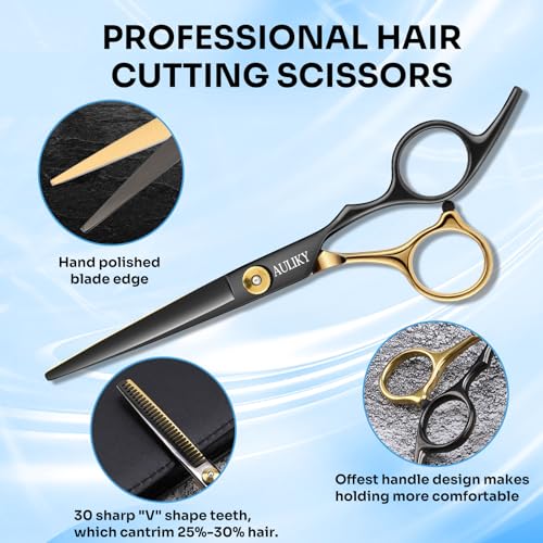 AULikY Professional Hair Cutting Scissors Set 15 Pcs - Stainless Steel Shears for Salon & Home Use