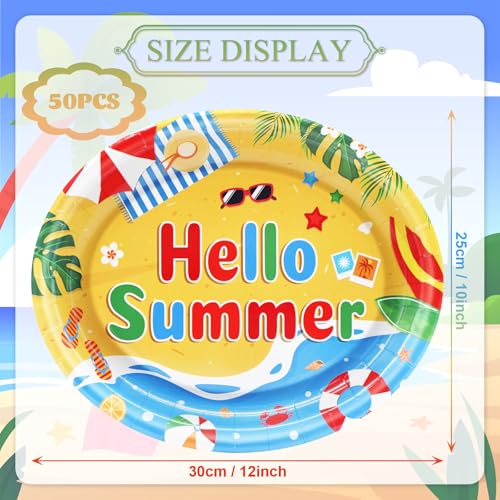 Hello Summer Oval Paper Plates - 50 Pack, 9" x 11" Disposable Beach Party Plates