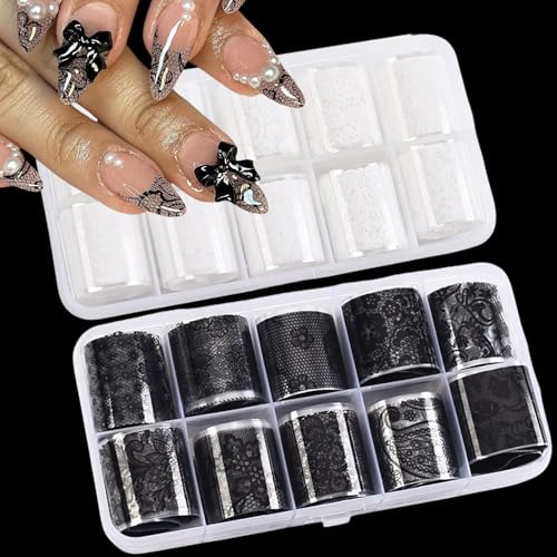 20 Rolls Lace Nail Foil Sheets - Black & White Floral Designs