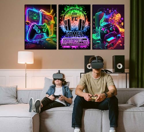 Gaming Wall Art - 3Pcs Colorful Neon Gamepad Canvas Prints 12x16in