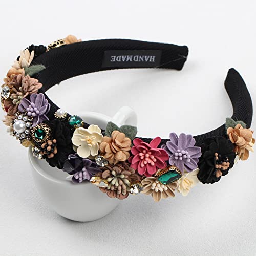 Florate Black Pearl Flower Headband Full Cover Rhinestone Hair Accessory