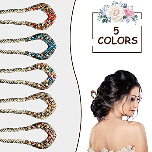 Vintage Crystal Hair Forks Set, 5 Pcs U-Shaped Metal Hairpins for Updos