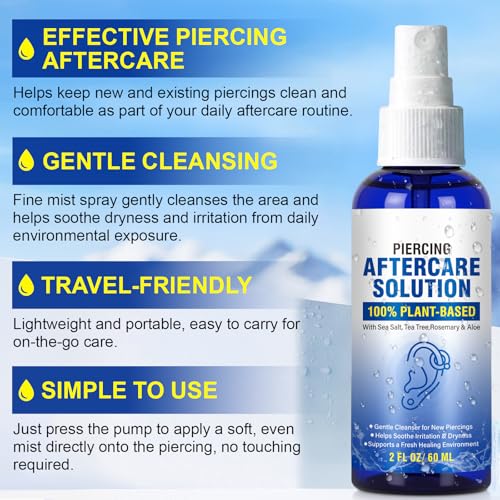 Piercing Aftercare Spray for Ear, Nose, Belly Button & Cartilage - Soothing Sea Salt & Aloe Vera Solution