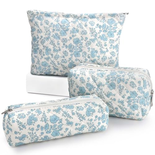 EIMMBD Makeup Bag Set - 3 Piece Travel Organizer in Blue White