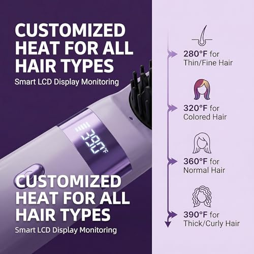 Cordless Hair Straightener Brush - Portable 4 Temp Comb for Travel