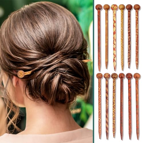 PH PandaHall 24pcs Vintage Wood Hair Pins Set, 12 Styles 5" Hair Sticks