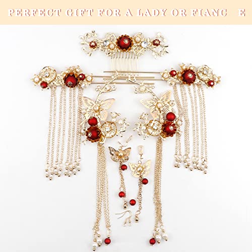 Vintage Butterfly Tassel Hair Clip Set with Pearls for Weddings