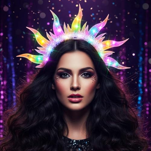 DRESBE Light Up Fire Headband - LED Sun Goddess Halo Headband (Colorful Light) for Women