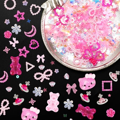 Pink Nail Charm Set - 3D Gummy Bear, Butterfly & Bow Designs