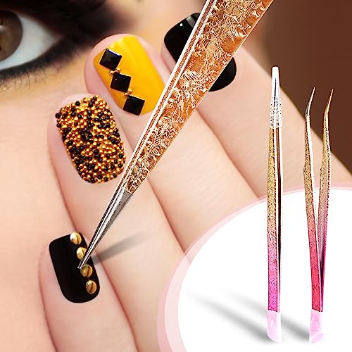 Ouligay 2Pcs Double Ended Nail Art Tweezers Set - Stainless Steel