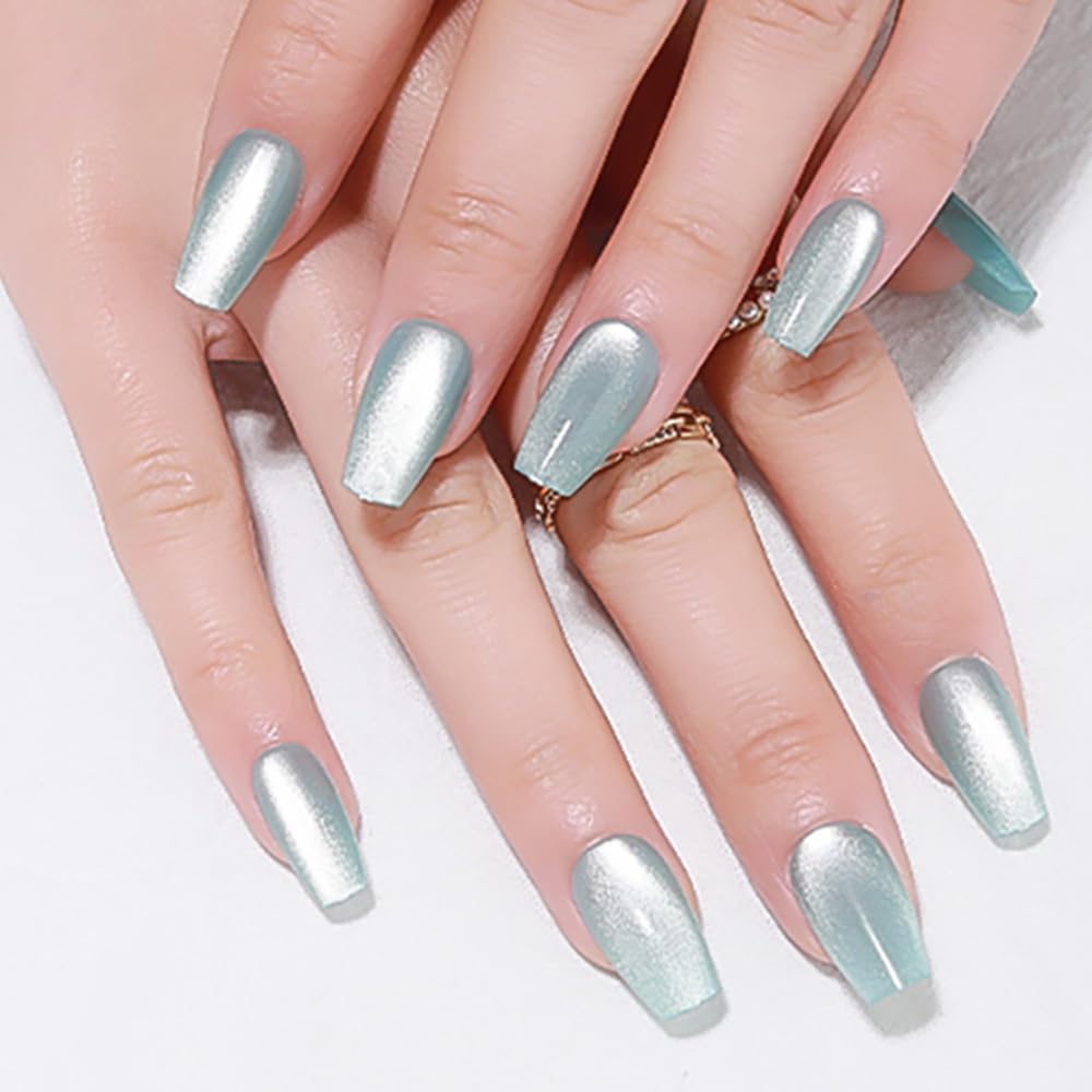 Aqua Blue Cat Eye Press-On Nails - Medium Square Chrome Design | Holographic Glitter Gel Acrylic Reusable