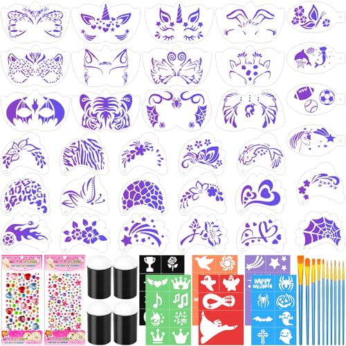 Face Paint Stencils Kit with Brushes & Gems for Halloween & Parties - 55PCS