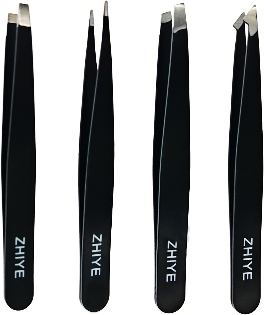 Professional Eyebrow Tweezers Set - 4 Pcs Stainless Steel Precision Tweezers for Ingrown Hair & Eyelash Extensions
