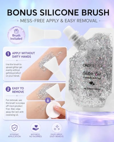 ONLYBETTER Silver Holographic Body Glitter Gel for Face & Hair - 1.69oz, Holo Silver