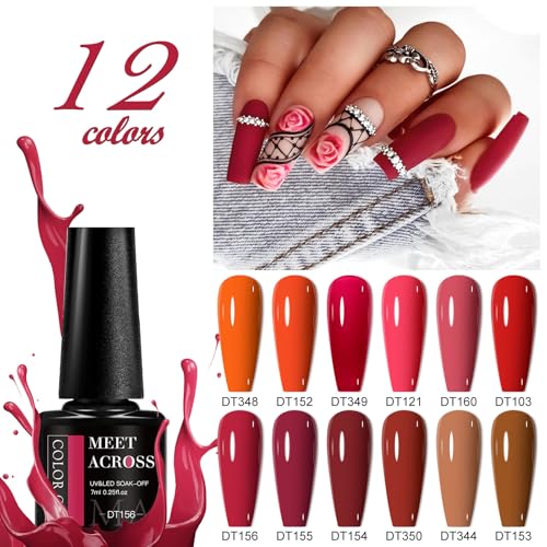 MEET ACROSS 12PCS Gel Nail Polish Set - 3 Fl Oz, Trendy Colors, Long-Lasting, Gift Box