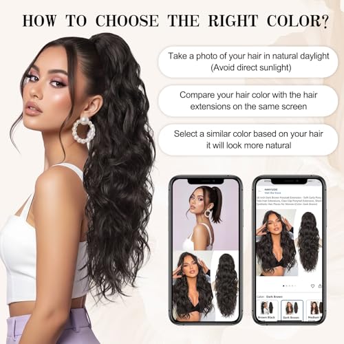HANYUDIE 26 Inch Wavy Claw Clip Ponytail Extension - Dark Brown