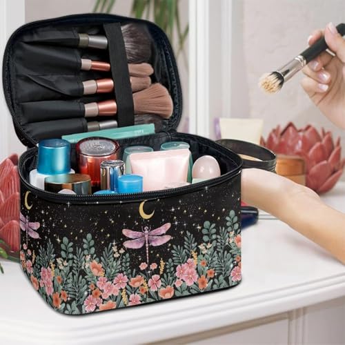 Dragonfly Floral Moon Makeup Bag - Large Capacity Travel Cosmetic Case