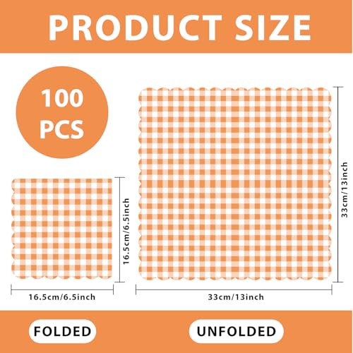 100 Pcs Orange Gingham Disposable Napkins - 6.5 Inch Scalloped Paper for Parties