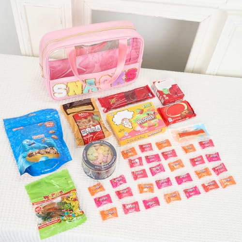 Snacks Bag Clear Chenille Varsity Letter Zipper Pouch Travel Makeup Bag Aesthetic Storage Organizer Pouches for Women with Glitter Patch Letters