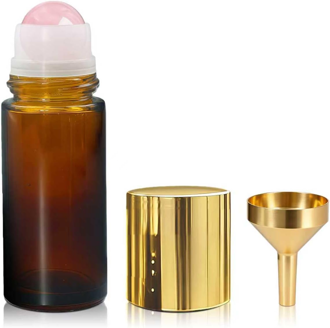 Rose Quartz Roller Bottles - 50ml Refillable Amber Glass Roll-On for Essential Oils | Leak-Proof Travel Perfume Bottle with Gold Caps