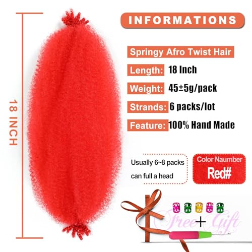 ELAOGI 18 Inch Red Springy Afro Twist Hair 6 Packs Pre-Fluffed Braiding Extensions