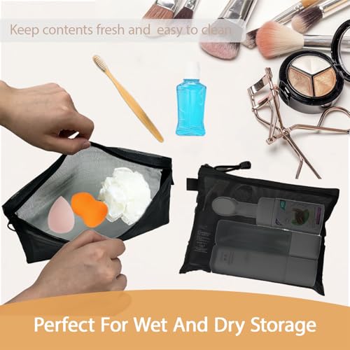 3-Piece Mesh Zipper Pouch Makeup Bag Set - Portable Organizers